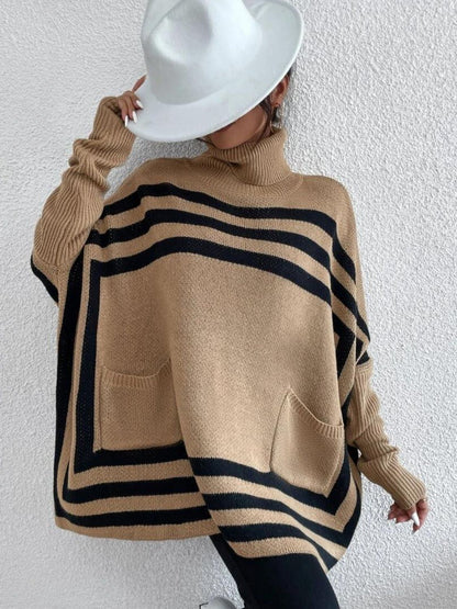 Striped Turtleneck Batwing Sleeve Sweater with Pockets